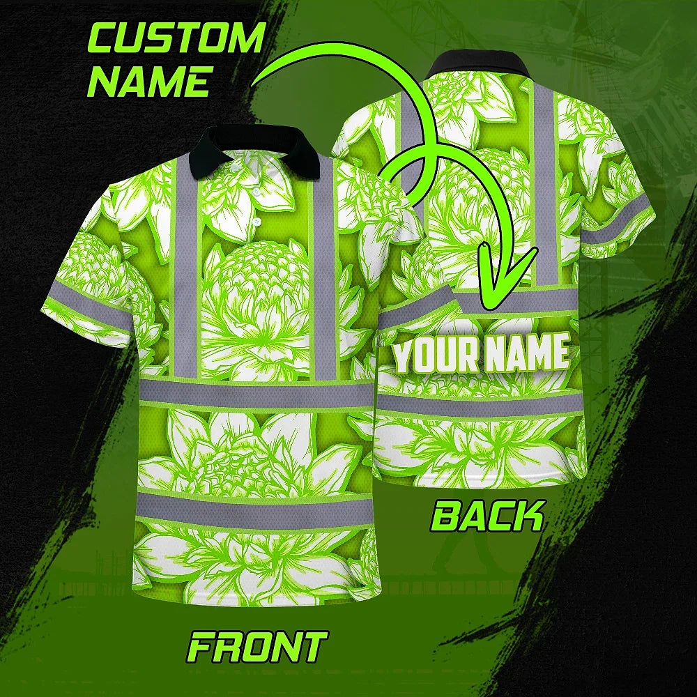 Hi Vis Polo Shirt Reflective Tapes Green Neon White Protea Custom Name Safety Workwear For Workers, Truckers, Operators