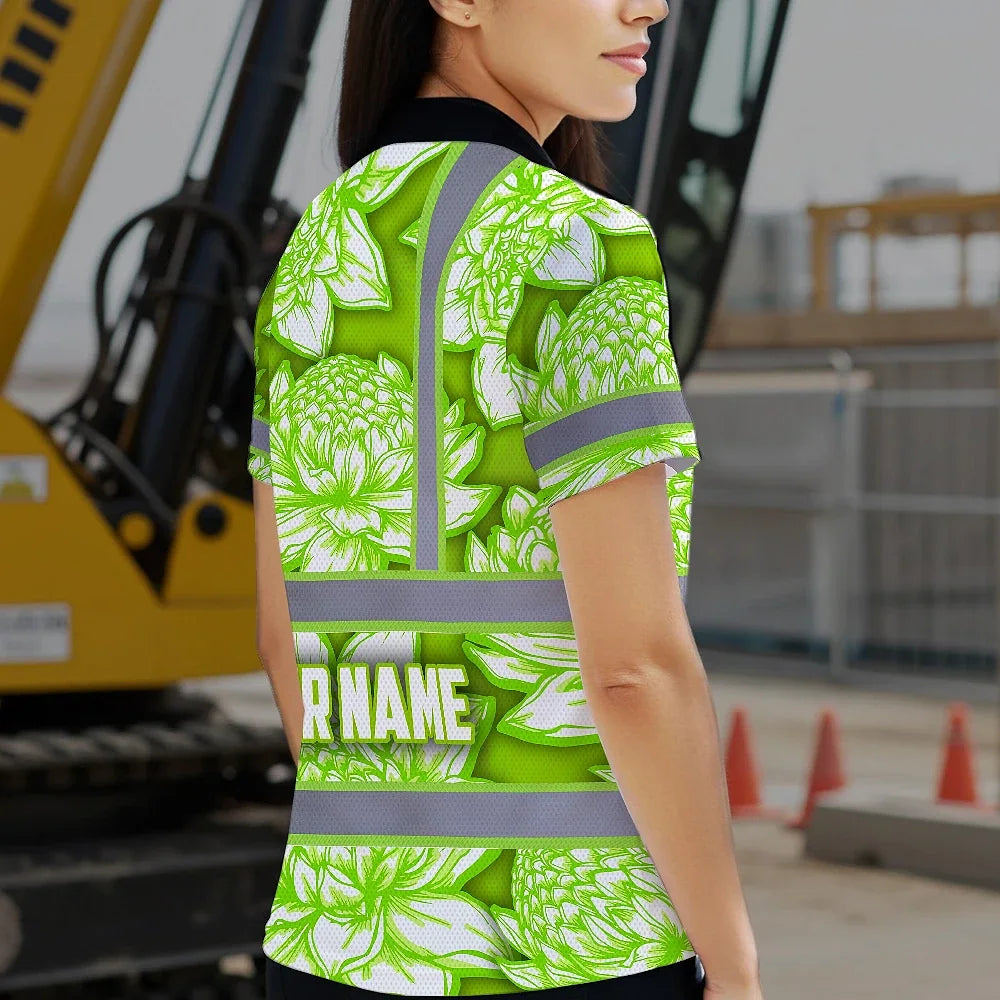 Hi Vis Polo Shirt Reflective Tapes Green Neon White Protea Custom Name Safety Workwear For Workers, Truckers, Operators