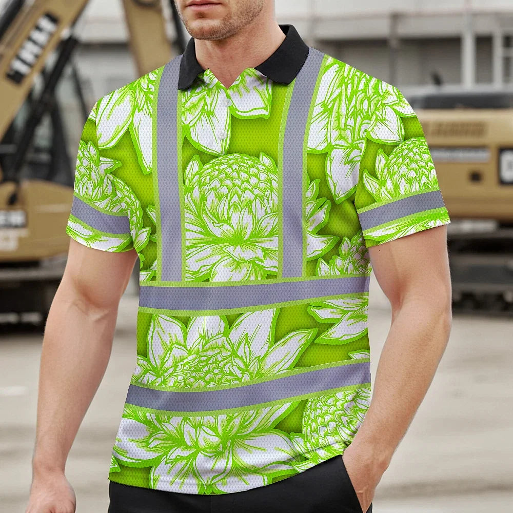 Hi Vis Polo Shirt Reflective Tapes Green Neon White Protea Custom Name Safety Workwear For Workers, Truckers, Operators