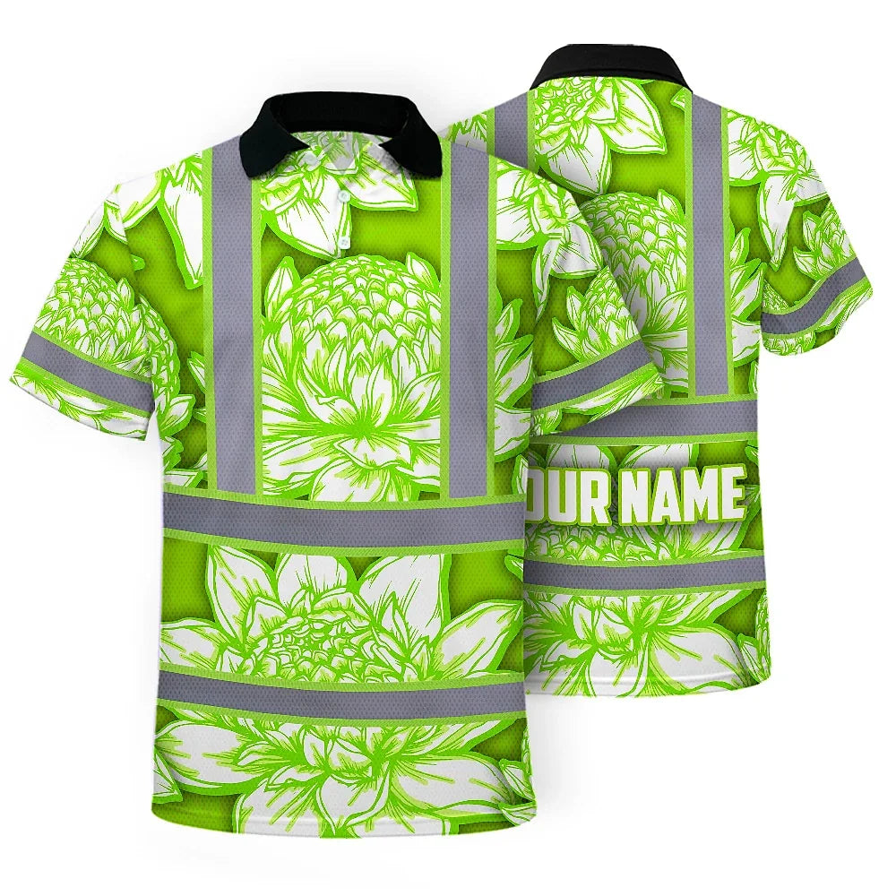 Hi Vis Polo Shirt Reflective Tapes Green Neon White Protea Custom Name Safety Workwear For Workers, Truckers, Operators