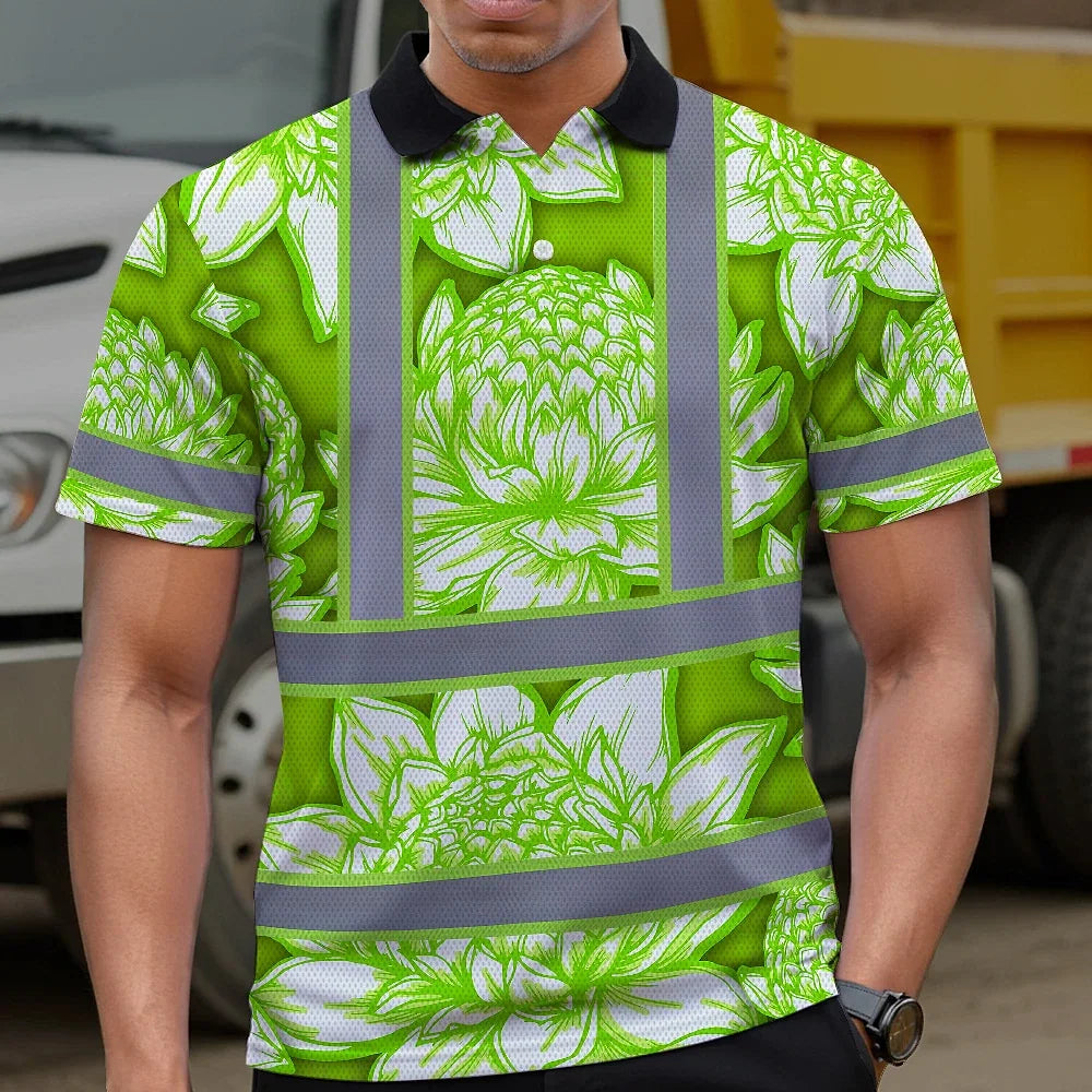 Hi Vis Polo Shirt Reflective Tapes Green Neon White Protea Custom Name Safety Workwear For Workers, Truckers, Operators