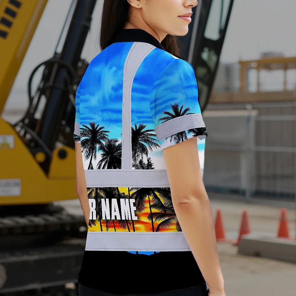 Hi Vis Polo Shirt Reflective Tapes Light Blue Coconut Tree Custom Name Safety Workwear For Workers, Truckers, Operators