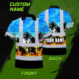 Hi Vis Polo Shirt Reflective Tapes Light Blue Coconut Tree Custom Name Safety Workwear For Workers, Truckers, Operators