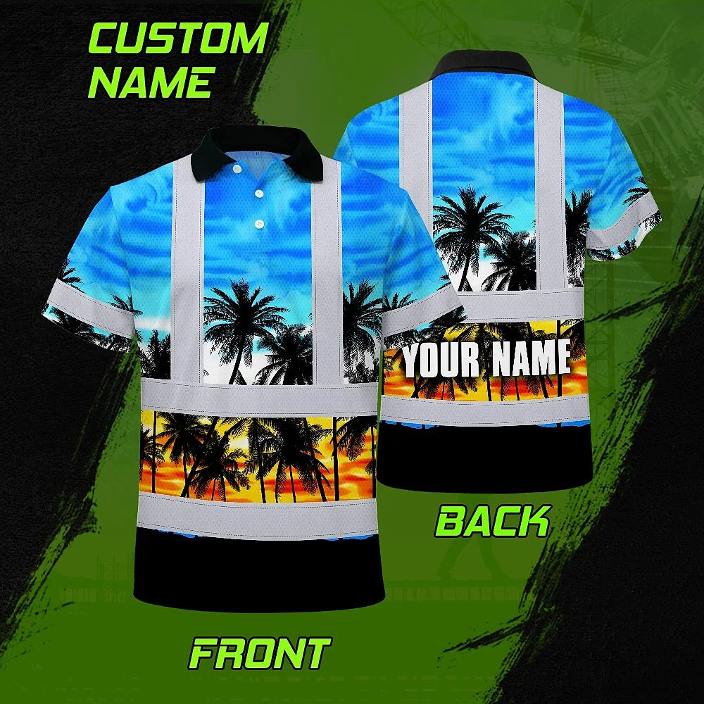 Hi Vis Polo Shirt Reflective Tapes Light Blue Coconut Tree Custom Name Safety Workwear For Workers, Truckers, Operators