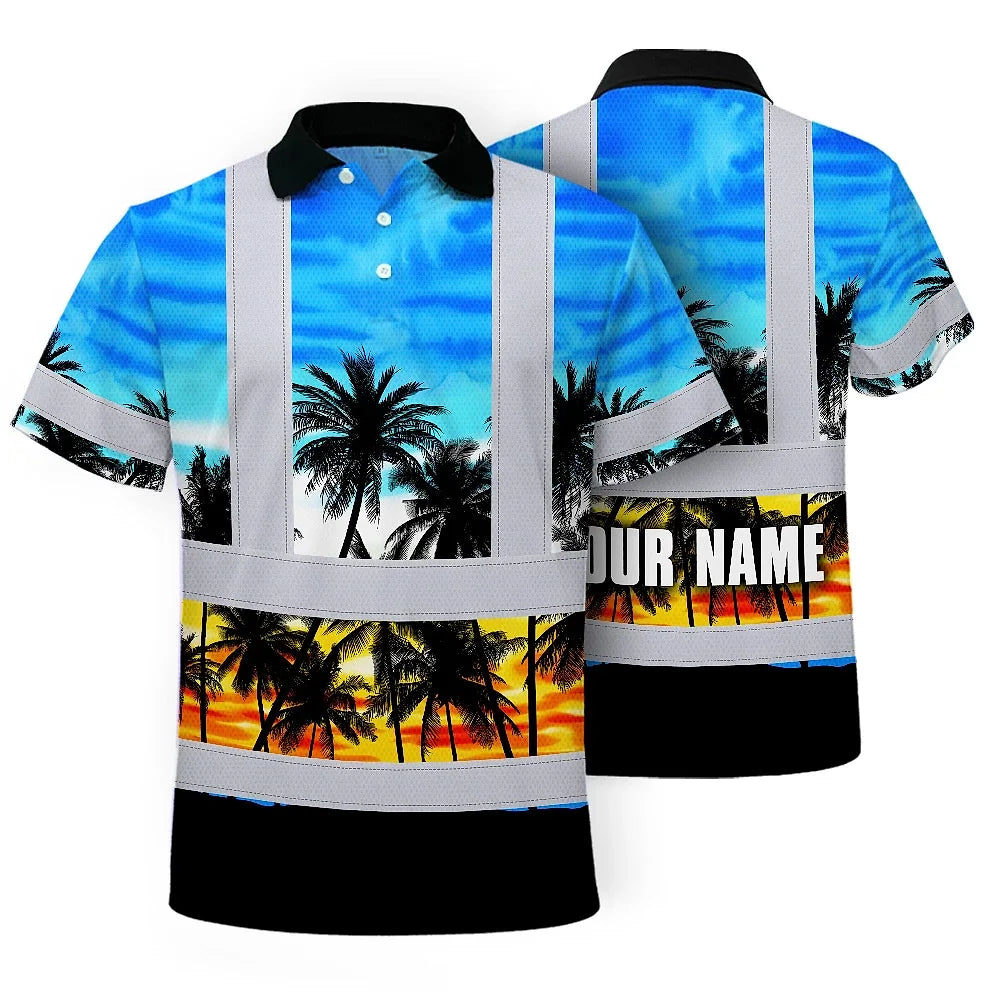 Hi Vis Polo Shirt Reflective Tapes Light Blue Coconut Tree Custom Name Safety Workwear For Workers, Truckers, Operators