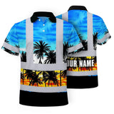 Hi Vis Polo Shirt Reflective Tapes Light Blue Coconut Tree Custom Name Safety Workwear For Workers, Truckers, Operators
