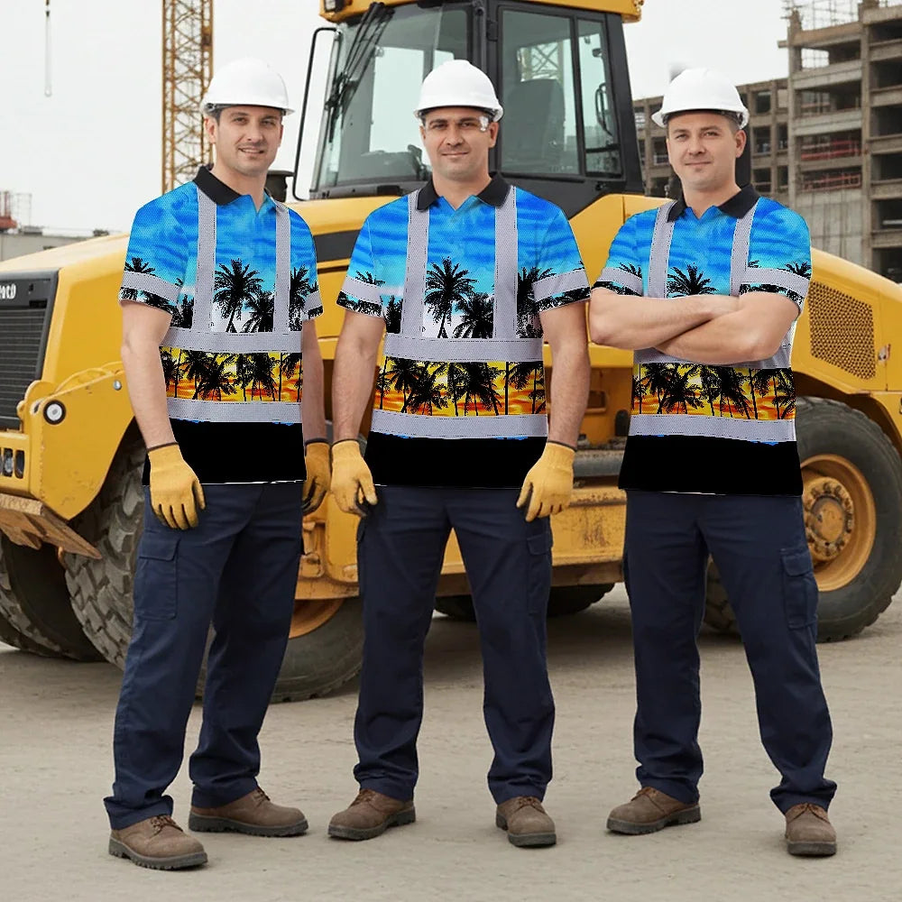 Hi Vis Polo Shirt Reflective Tapes Light Blue Coconut Tree Custom Name Safety Workwear For Workers, Truckers, Operators