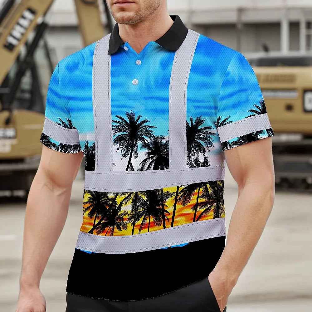 Hi Vis Polo Shirt Reflective Tapes Light Blue Coconut Tree Custom Name Safety Workwear For Workers, Truckers, Operators