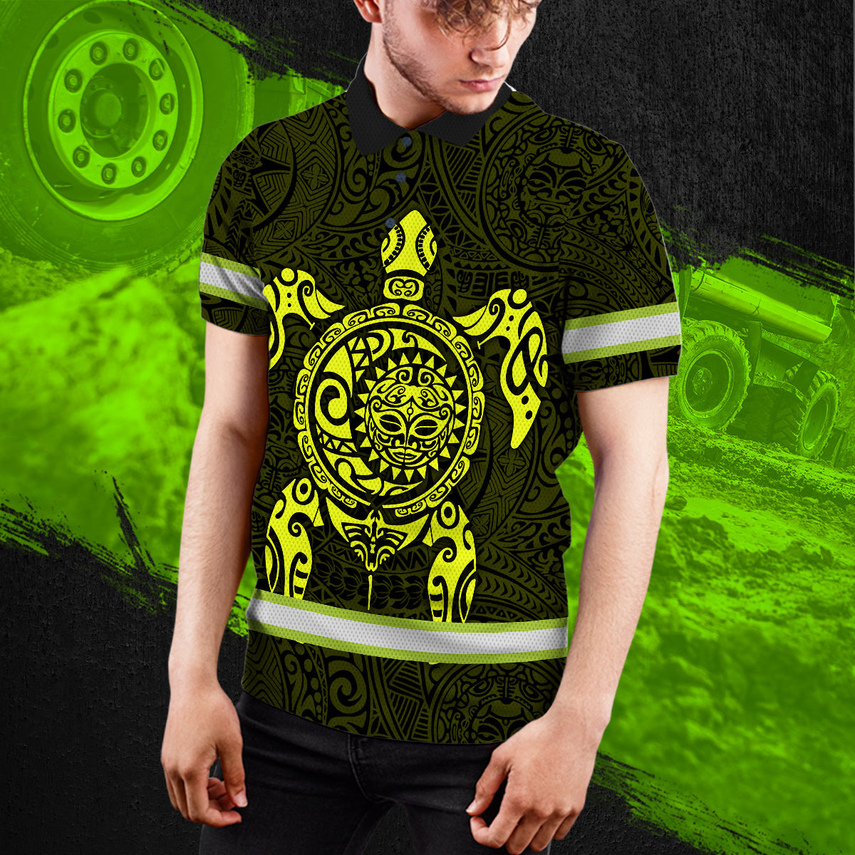 Hi Vis Polo Shirt Reflective Tapes Lime Neon Hawaii Turtle Custom Name