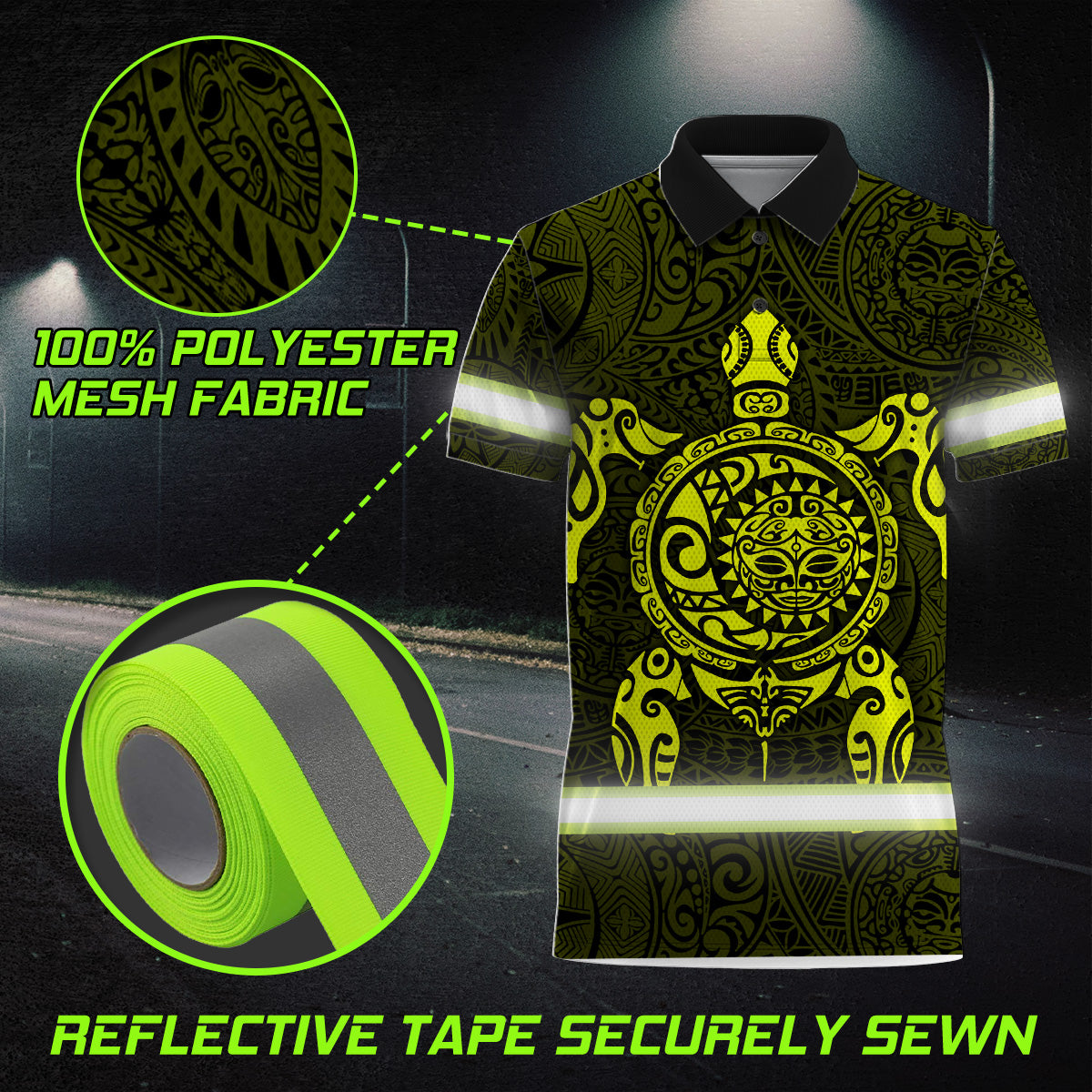 Hi Vis Polo Shirt Reflective Tapes Lime Neon Hawaii Turtle Custom Name