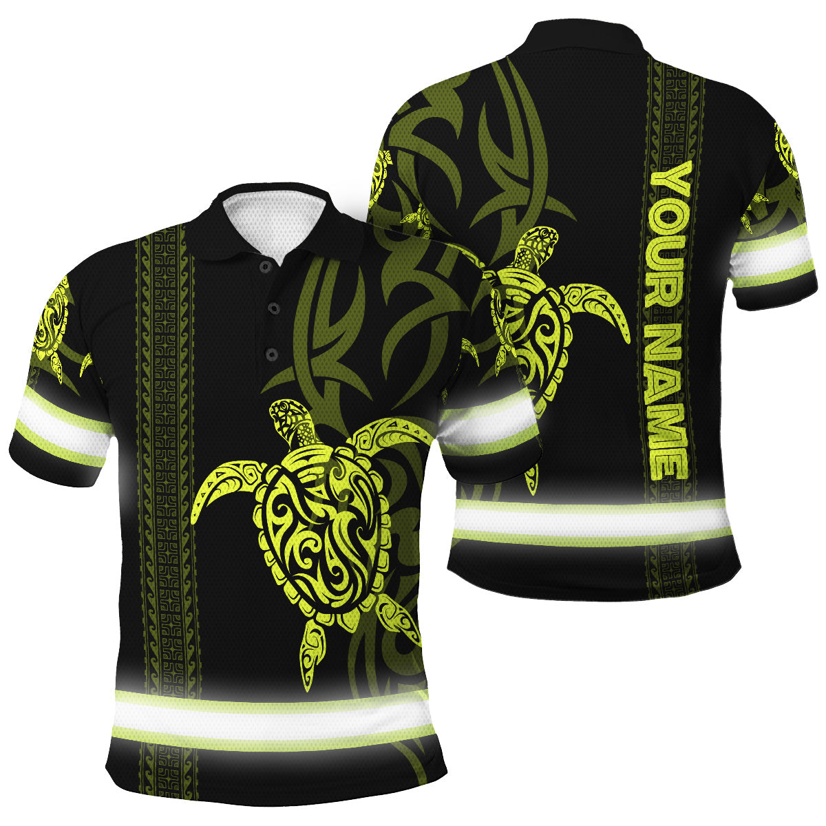Hi Vis Polo Shirt Reflective Tapes Lime Neon Hawaiian Polynesian Tribal