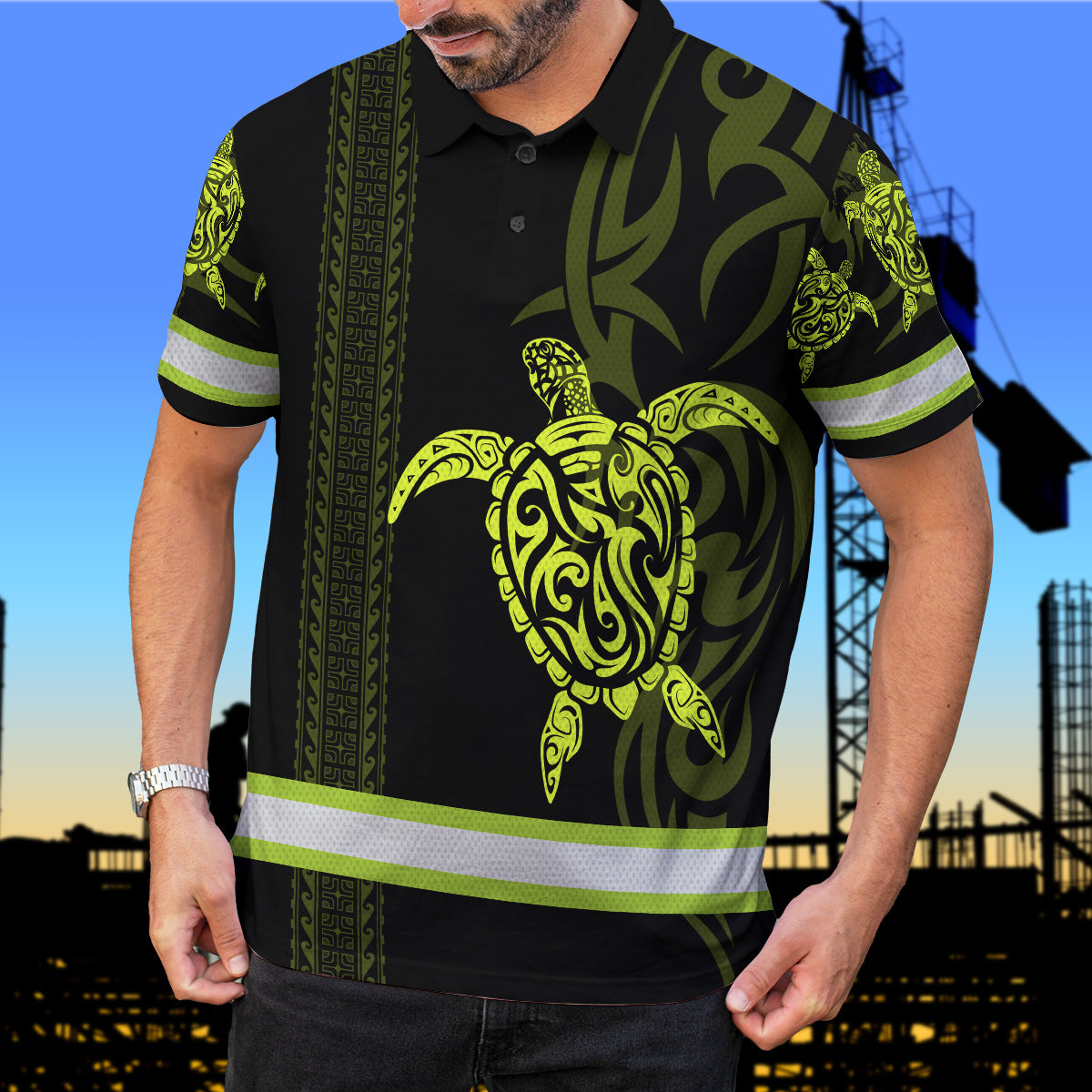 Hi Vis Polo Shirt Reflective Tapes Lime Neon Hawaiian Polynesian Tribal