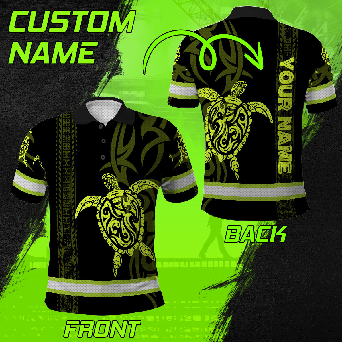 Hi Vis Polo Shirt Reflective Tapes Lime Neon Hawaiian Polynesian Tribal