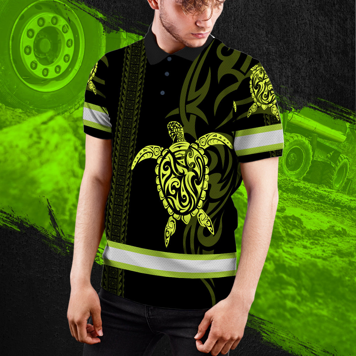 Hi Vis Polo Shirt Reflective Tapes Lime Neon Hawaiian Polynesian Tribal