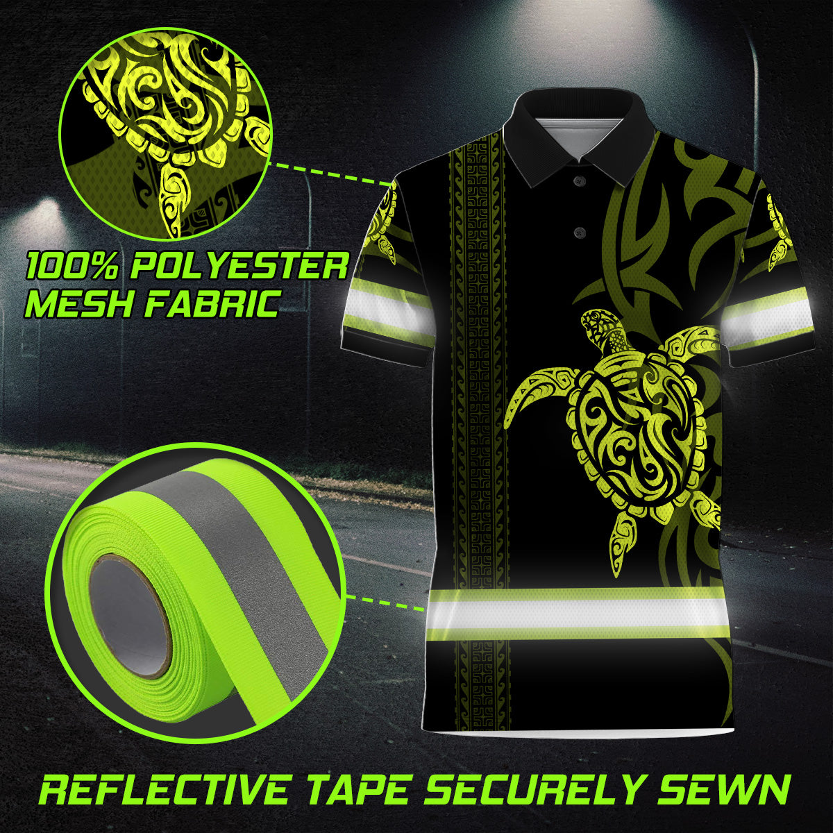 Hi Vis Polo Shirt Reflective Tapes Lime Neon Hawaiian Polynesian Tribal