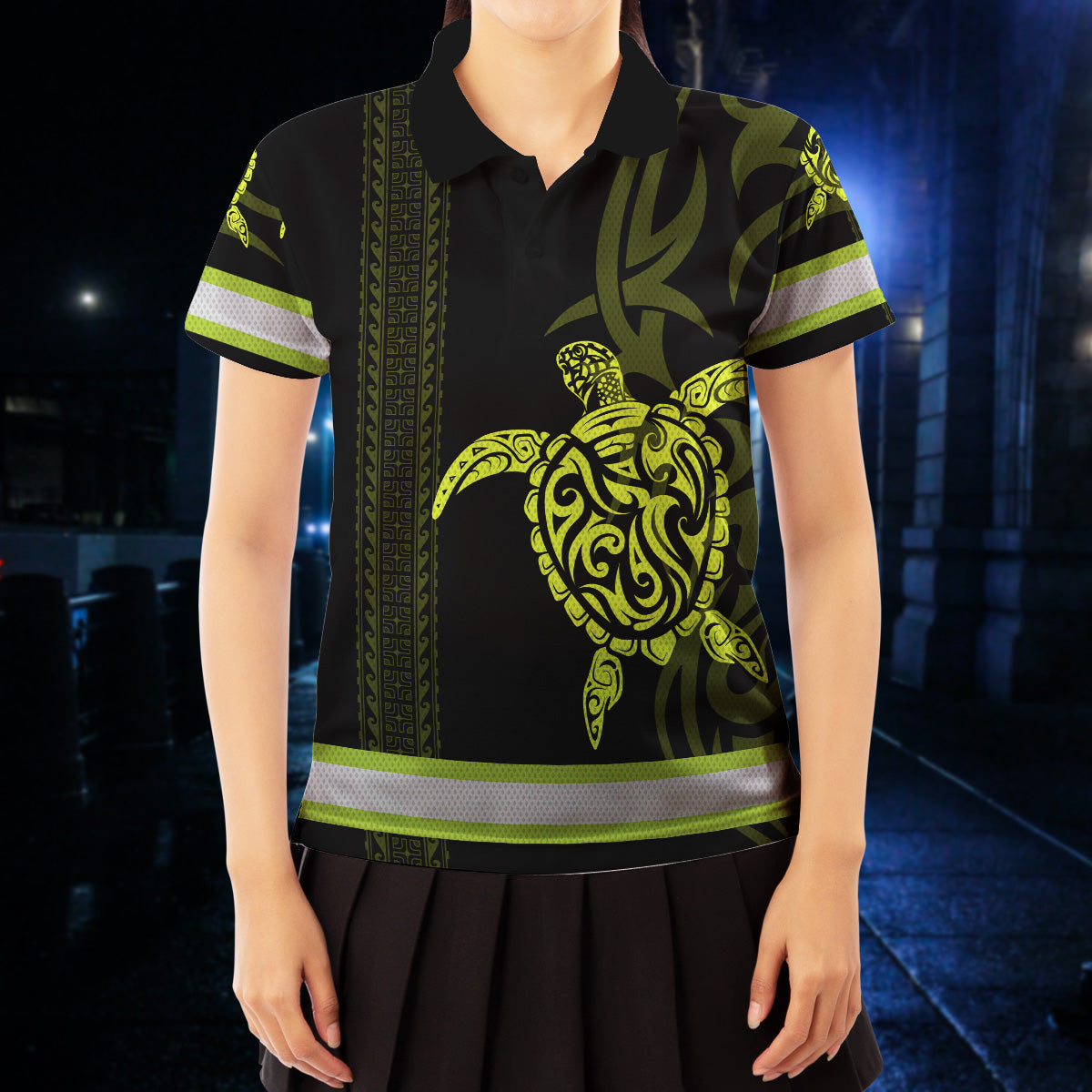 Hi Vis Polo Shirt Reflective Tapes Lime Neon Hawaiian Polynesian Tribal