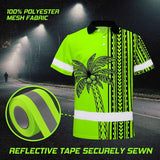 Hi Vis Polo Shirt Reflective Tapes Lime Neon Polynesian And Tree Custom Name Safety Workwear For Workers, Truckers, Operators