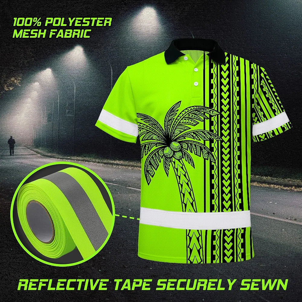Hi Vis Polo Shirt Reflective Tapes Lime Neon Polynesian And Tree Custom Name Safety Workwear For Workers, Truckers, Operators
