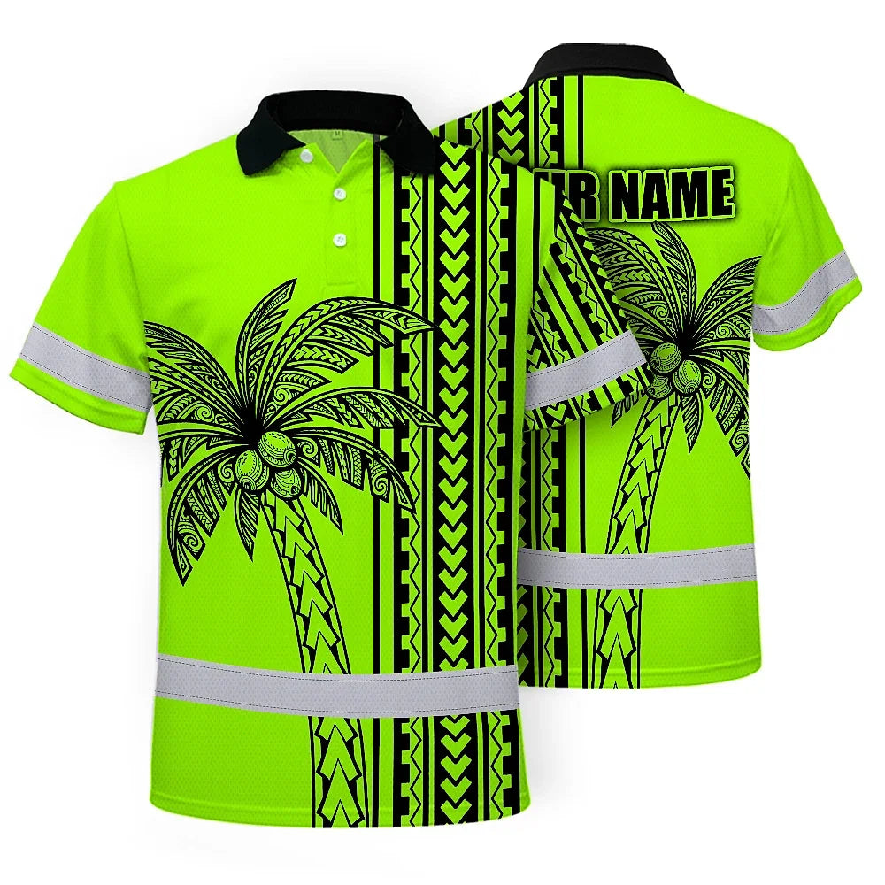 Hi Vis Polo Shirt Reflective Tapes Lime Neon Polynesian And Tree Custom Name Safety Workwear For Workers, Truckers, Operators