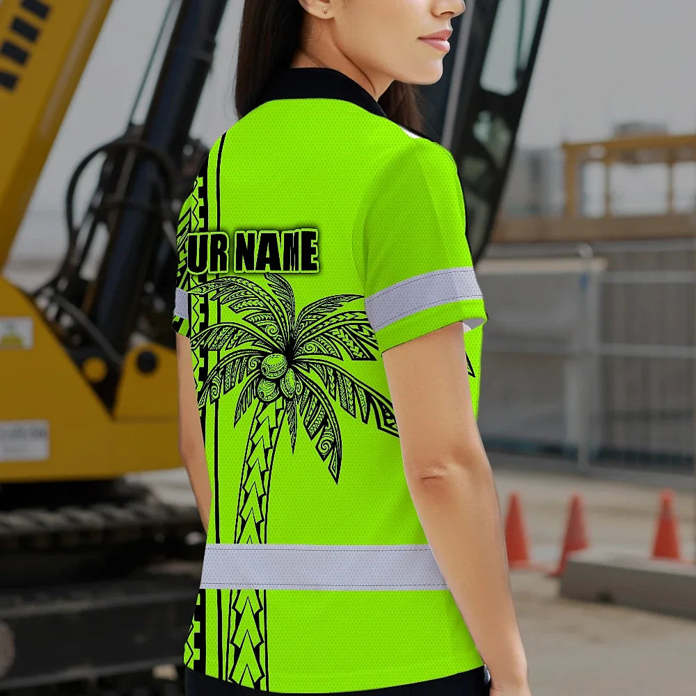 Hi Vis Polo Shirt Reflective Tapes Lime Neon Polynesian And Tree Custom Name Safety Workwear For Workers, Truckers, Operators