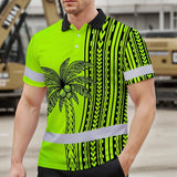 Hi Vis Polo Shirt Reflective Tapes Lime Neon Polynesian And Tree Custom Name Safety Workwear For Workers, Truckers, Operators