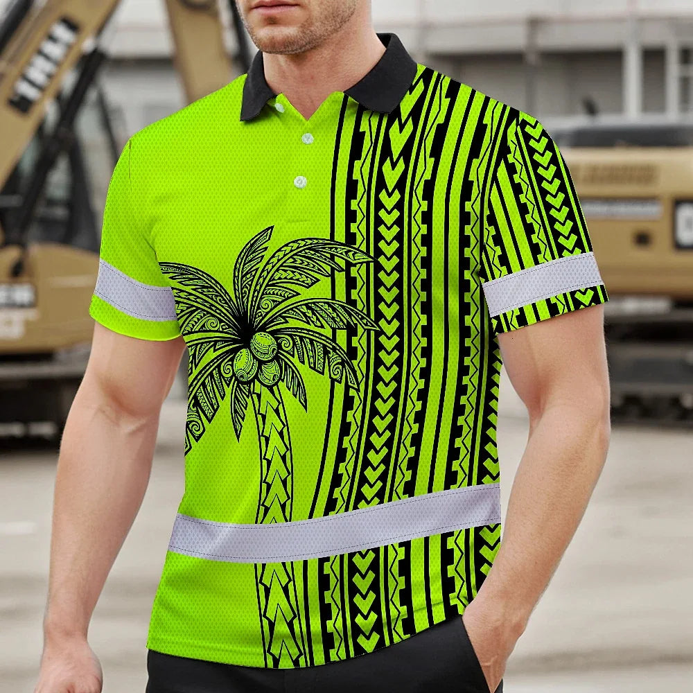 Hi Vis Polo Shirt Reflective Tapes Lime Neon Polynesian And Tree Custom Name Safety Workwear For Workers, Truckers, Operators