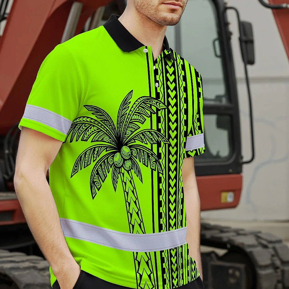 Hi Vis Polo Shirt Reflective Tapes Lime Neon Polynesian And Tree Custom Name Safety Workwear For Workers, Truckers, Operators