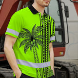 Hi Vis Polo Shirt Reflective Tapes Lime Neon Polynesian And Tree Custom Name Safety Workwear For Workers, Truckers, Operators