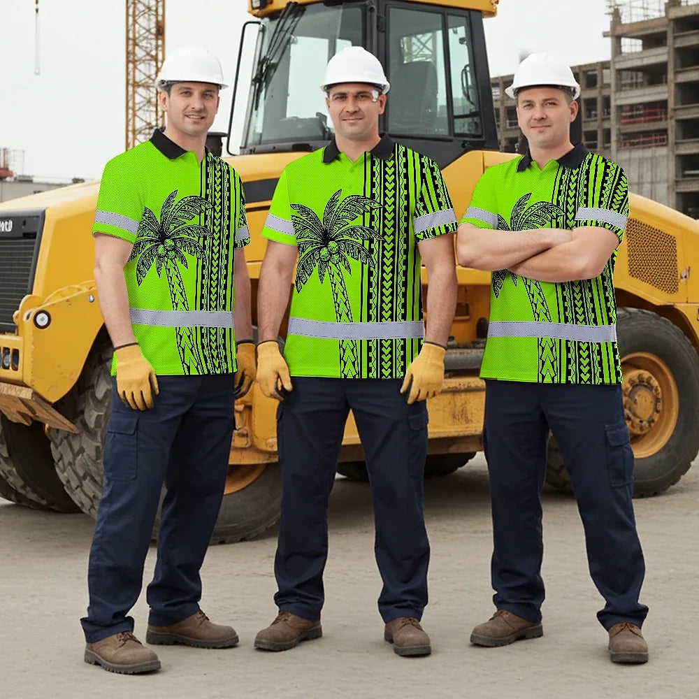 Hi Vis Polo Shirt Reflective Tapes Lime Neon Polynesian And Tree Custom Name Safety Workwear For Workers, Truckers, Operators