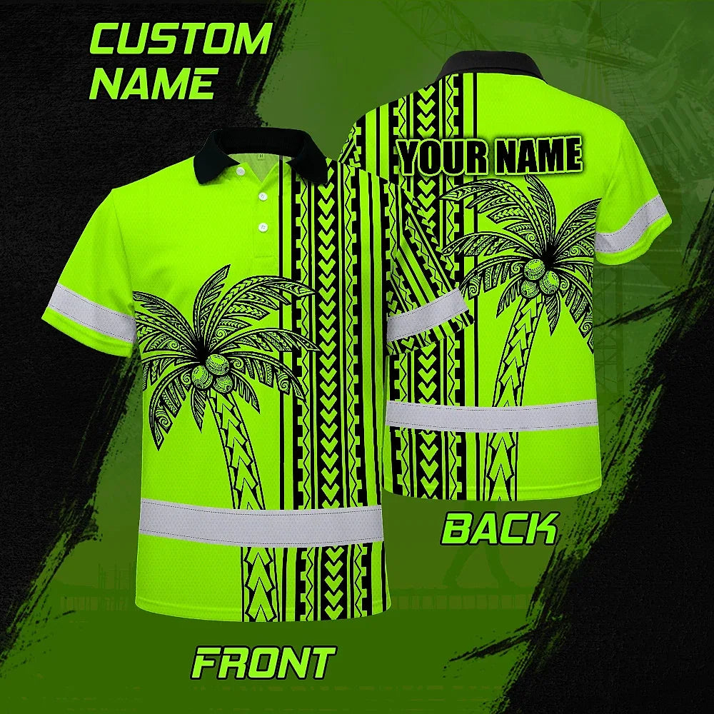 Hi Vis Polo Shirt Reflective Tapes Lime Neon Polynesian And Tree Custom Name Safety Workwear For Workers, Truckers, Operators
