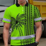 Hi Vis Polo Shirt Reflective Tapes Lime Neon Polynesian And Tree Custom Name Safety Workwear For Workers, Truckers, Operators