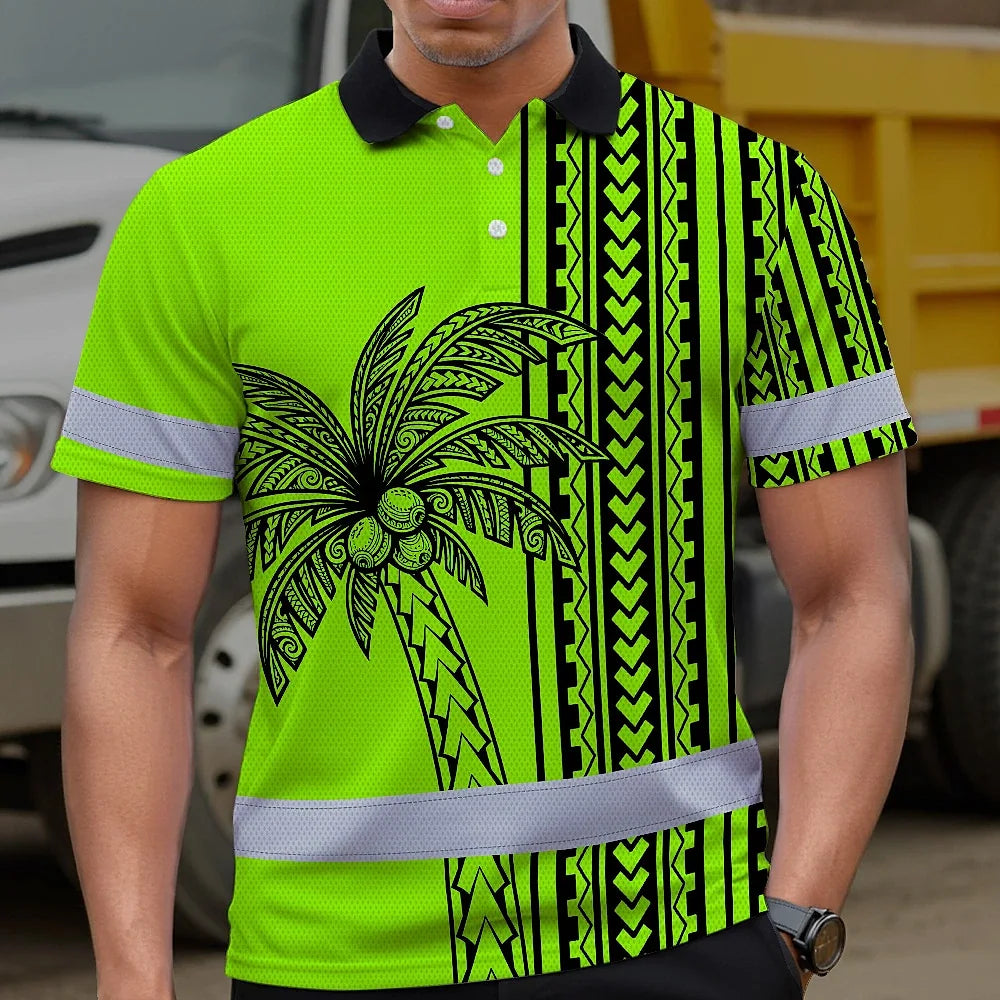 Hi Vis Polo Shirt Reflective Tapes Lime Neon Polynesian And Tree Custom Name Safety Workwear For Workers, Truckers, Operators