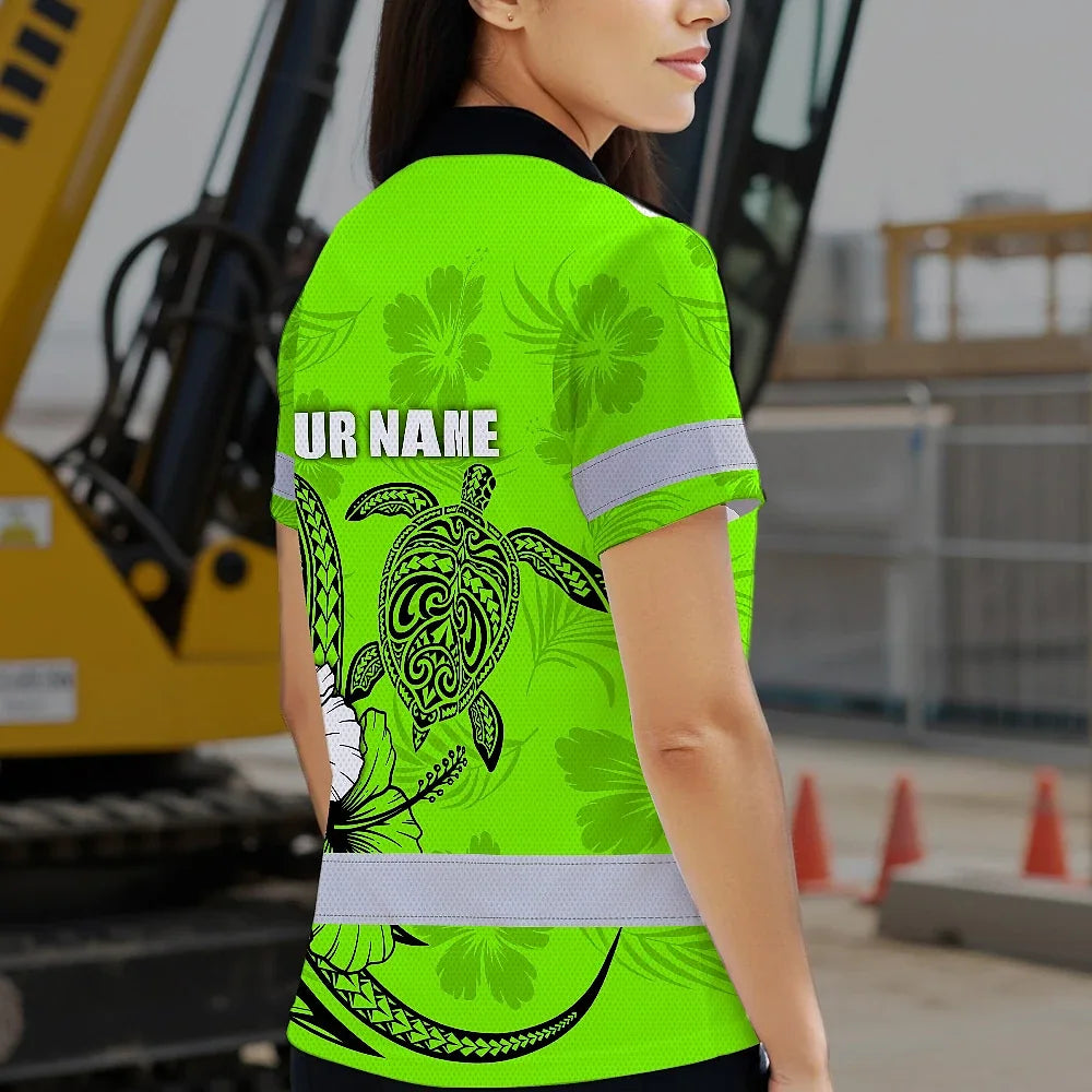 Hi Vis Polo Shirt Reflective Tapes Lime Neon Polynesian Custom Name Safety Workwear For Workers, Truckers, Operators