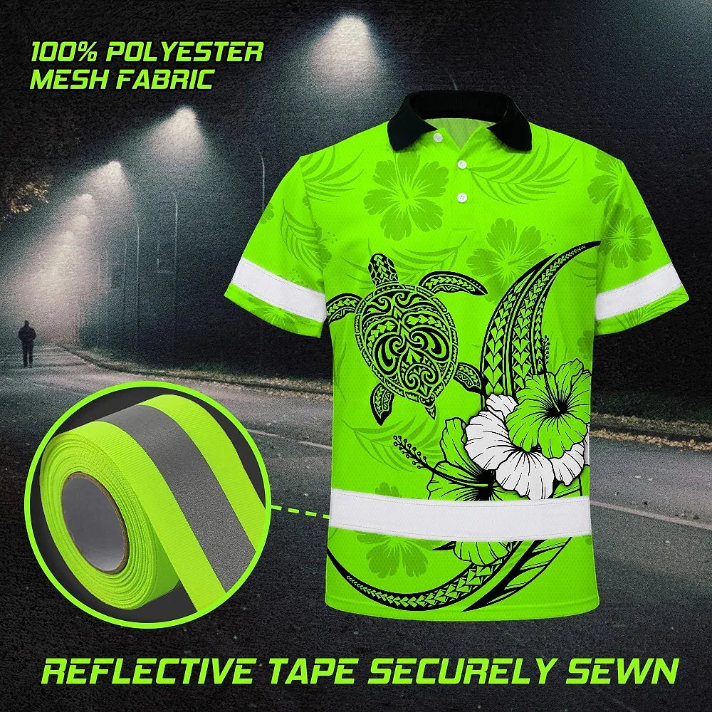 Hi Vis Polo Shirt Reflective Tapes Lime Neon Polynesian Custom Name Safety Workwear For Workers, Truckers, Operators