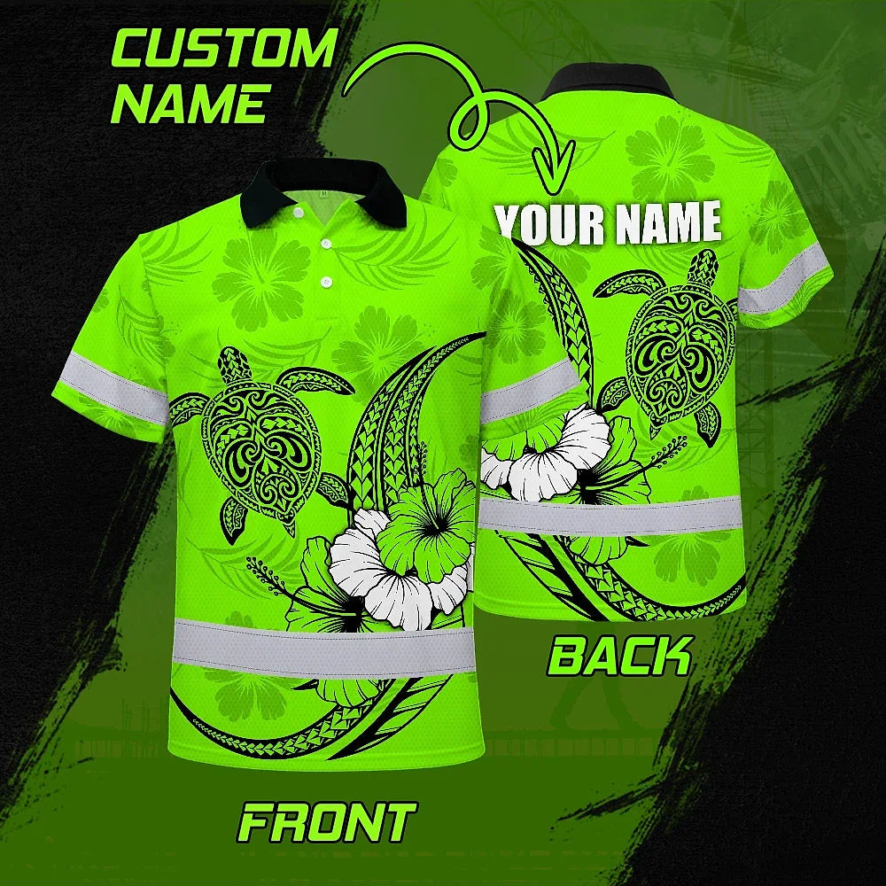 Hi Vis Polo Shirt Reflective Tapes Lime Neon Polynesian Custom Name Safety Workwear For Workers, Truckers, Operators