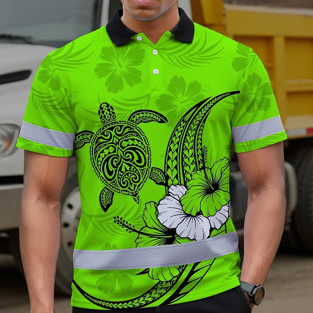 Hi Vis Polo Shirt Reflective Tapes Lime Neon Polynesian Custom Name Safety Workwear For Workers, Truckers, Operators