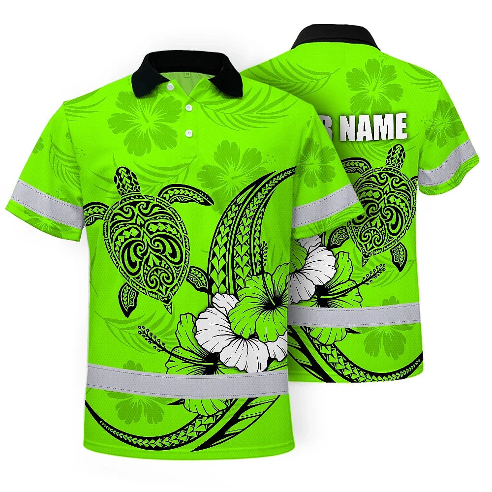 Hi Vis Polo Shirt Reflective Tapes Lime Neon Polynesian Custom Name Safety Workwear For Workers, Truckers, Operators