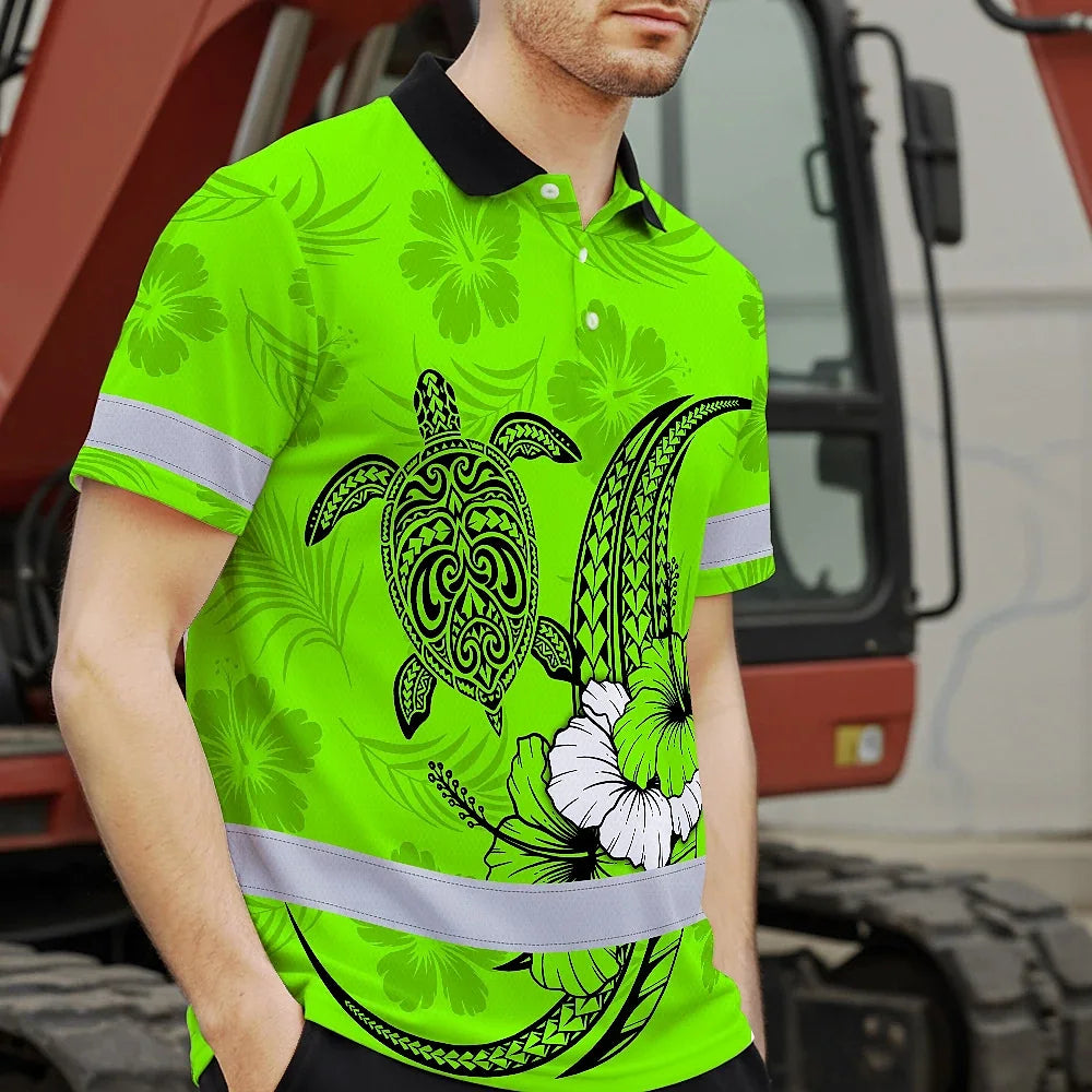 Hi Vis Polo Shirt Reflective Tapes Lime Neon Polynesian Custom Name Safety Workwear For Workers, Truckers, Operators