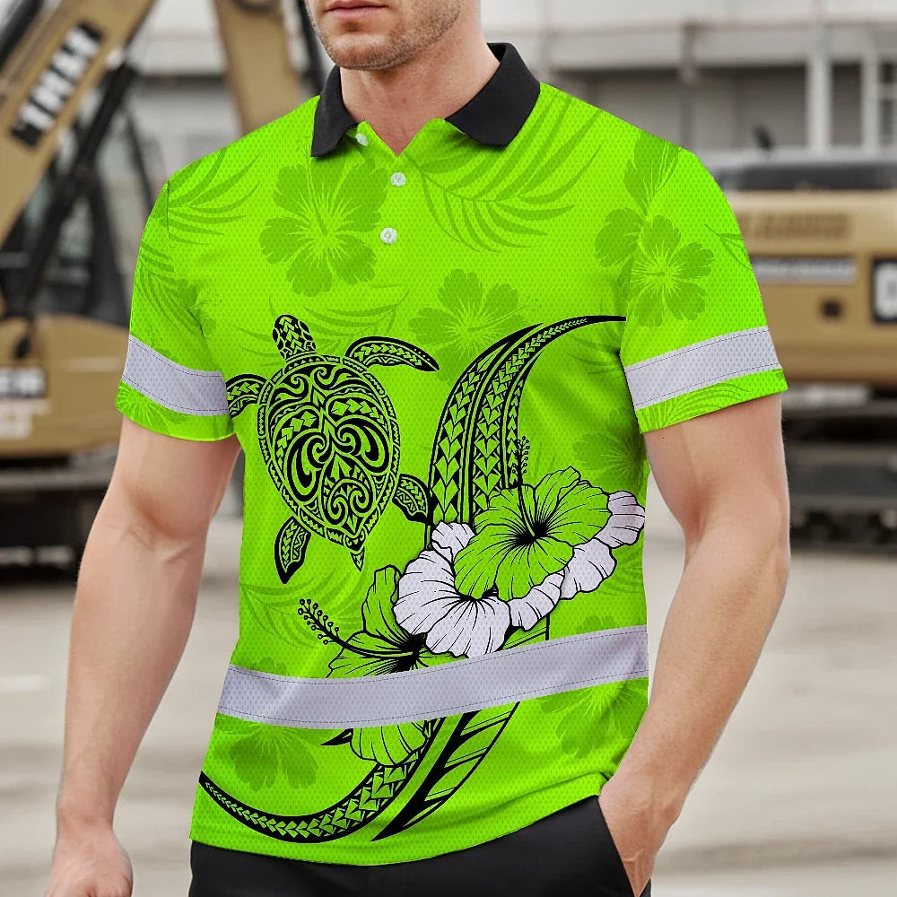 Hi Vis Polo Shirt Reflective Tapes Lime Neon Polynesian Custom Name Safety Workwear For Workers, Truckers, Operators