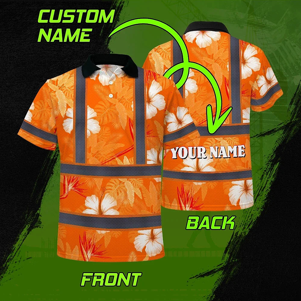 Hi Vis Polo Shirt Reflective Tapes Orange Neon Custom Name Safety Workwear For Workers, Truckers, Operators