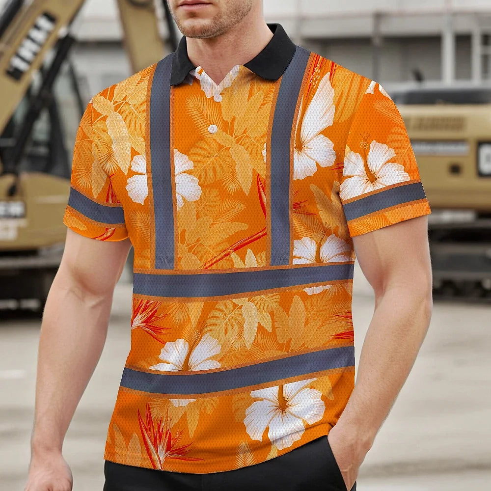 Hi Vis Polo Shirt Reflective Tapes Orange Neon Custom Name Safety Workwear For Workers, Truckers, Operators