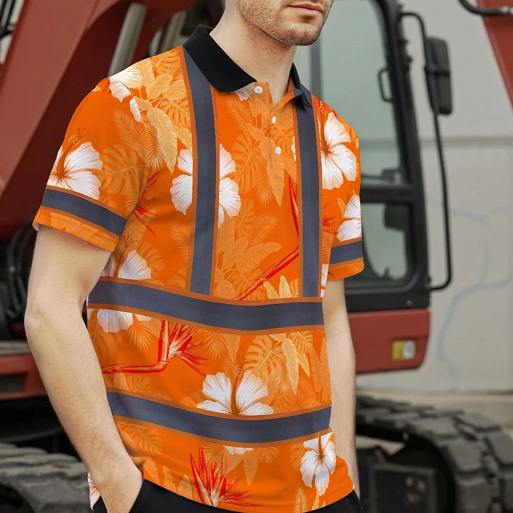 Hi Vis Polo Shirt Reflective Tapes Orange Neon Custom Name Safety Workwear For Workers, Truckers, Operators