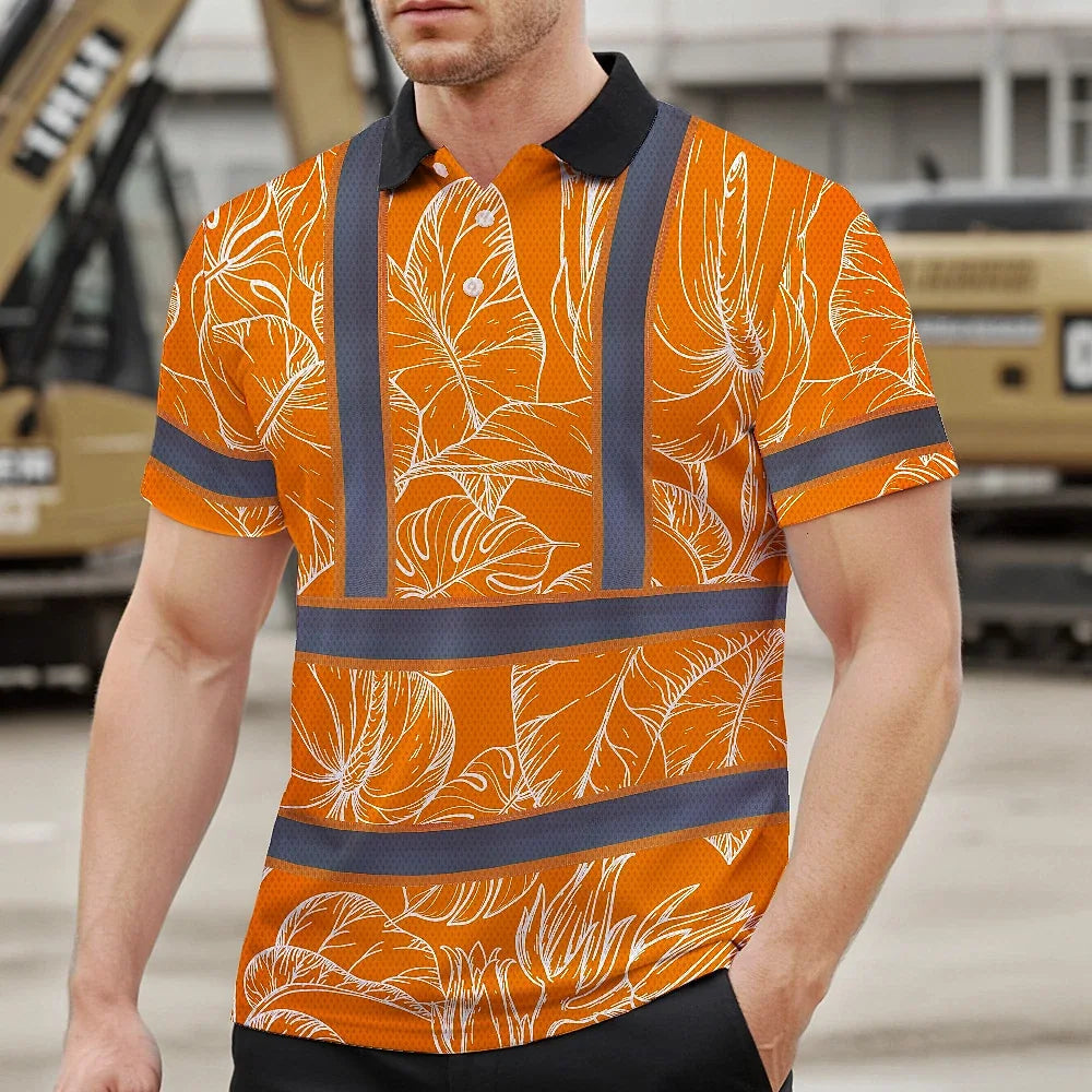 Hi Vis Polo Shirt Reflective Tapes Orange Neon Flowers Custom Name Safety Workwear For Workers, Truckers, Operators