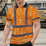 Hi Vis Polo Shirt Reflective Tapes Orange Neon Flowers Custom Name Safety Workwear For Workers, Truckers, Operators