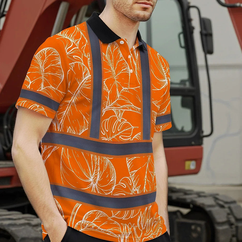 Hi Vis Polo Shirt Reflective Tapes Orange Neon Flowers Custom Name Safety Workwear For Workers, Truckers, Operators