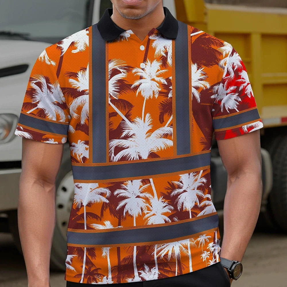 Hi Vis Polo Shirt Reflective Tapes Orange Neon Flowers Custom Name Safety Workwear For Workers, Truckers, Operators