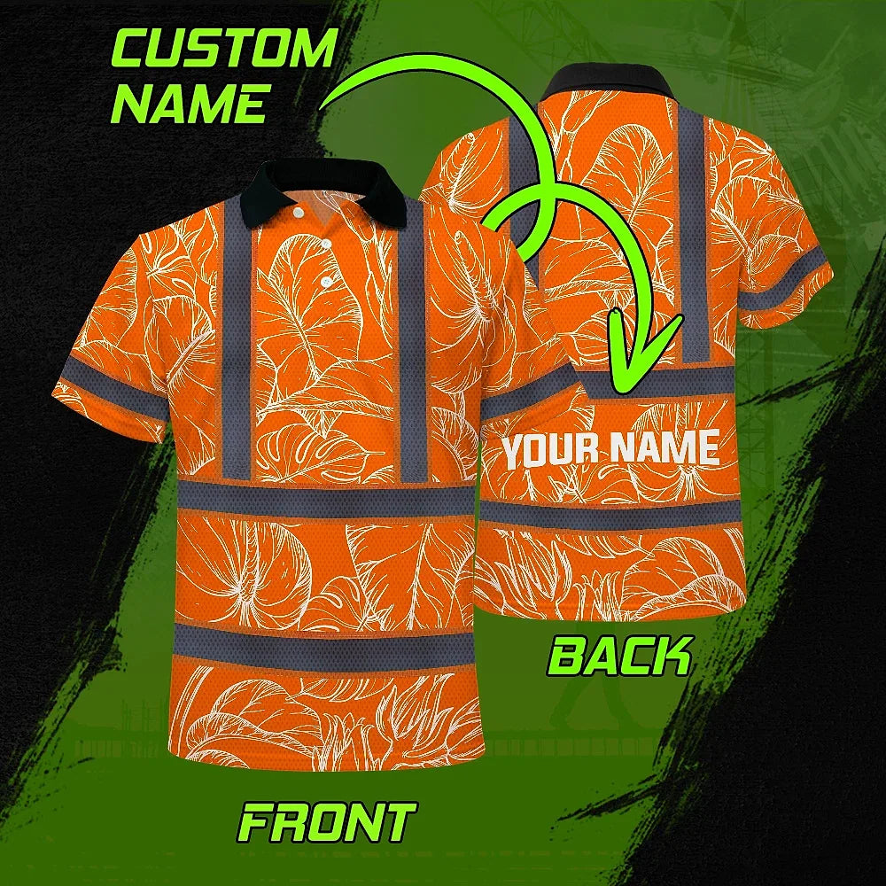 Hi Vis Polo Shirt Reflective Tapes Orange Neon Flowers Custom Name Safety Workwear For Workers, Truckers, Operators