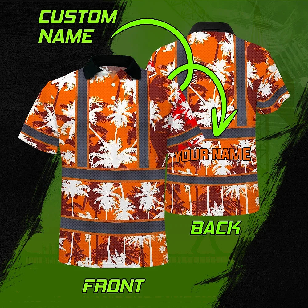 Hi Vis Polo Shirt Reflective Tapes Orange Neon Flowers Custom Name Safety Workwear For Workers, Truckers, Operators