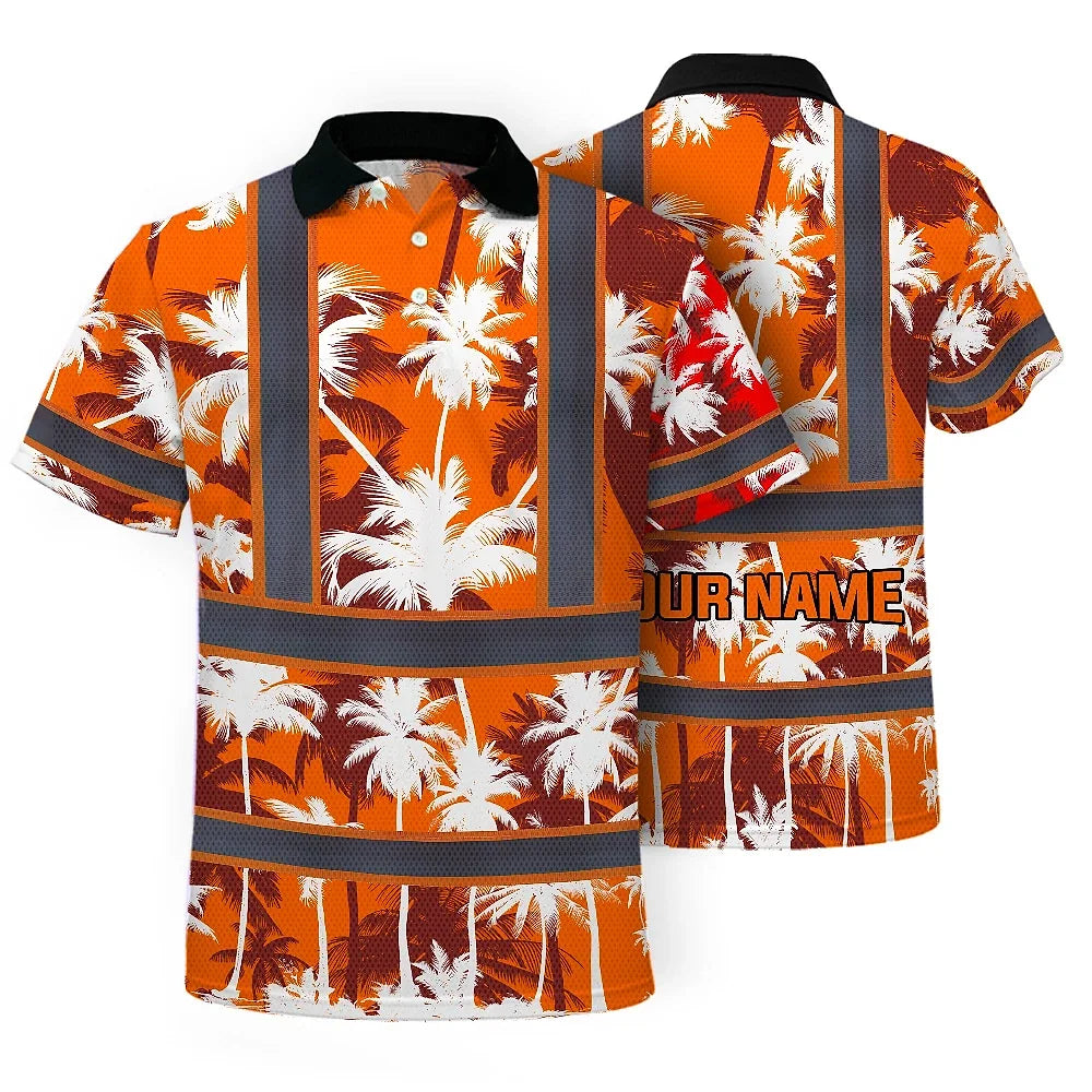 Hi Vis Polo Shirt Reflective Tapes Orange Neon Flowers Custom Name Safety Workwear For Workers, Truckers, Operators