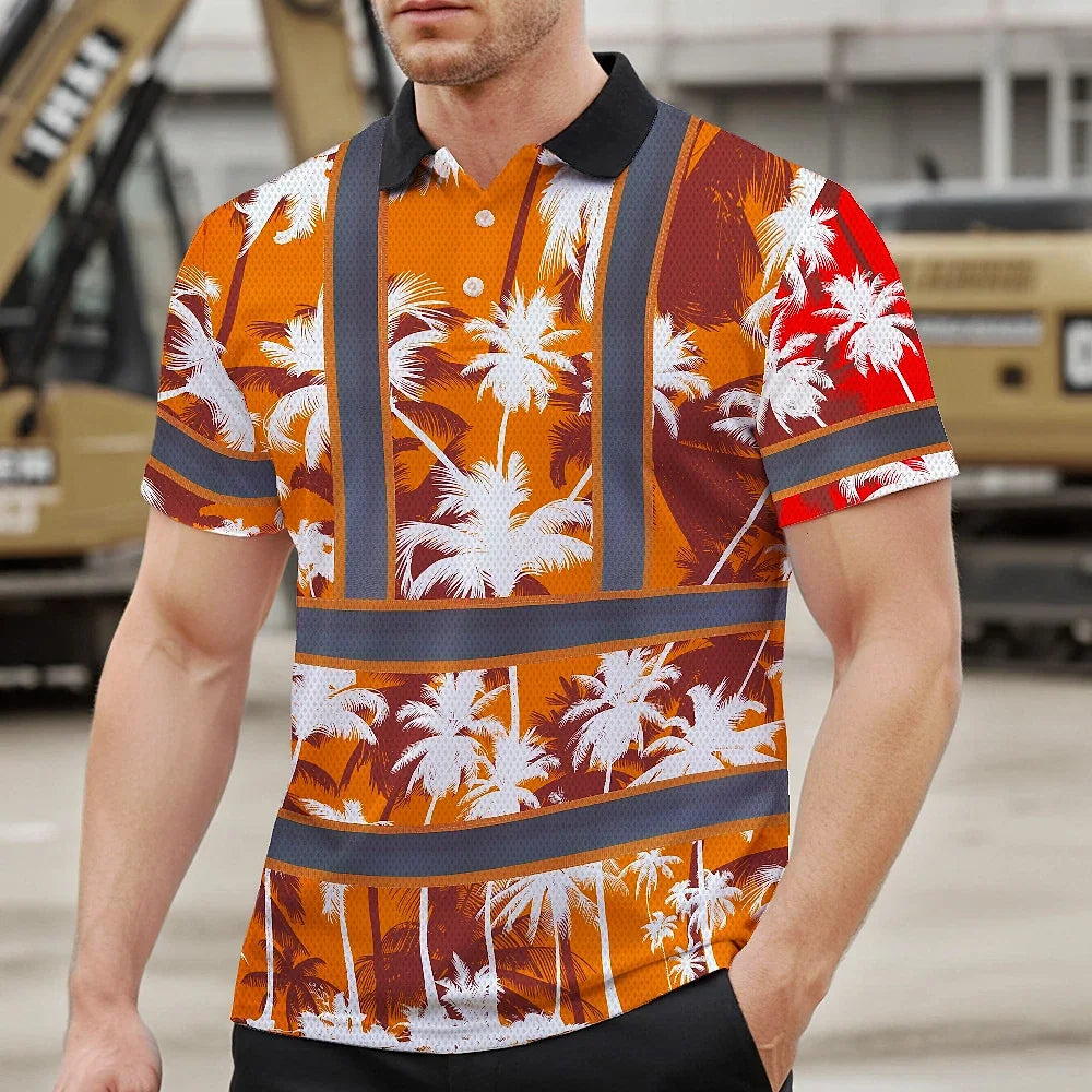 Hi Vis Polo Shirt Reflective Tapes Orange Neon Flowers Custom Name Safety Workwear For Workers, Truckers, Operators